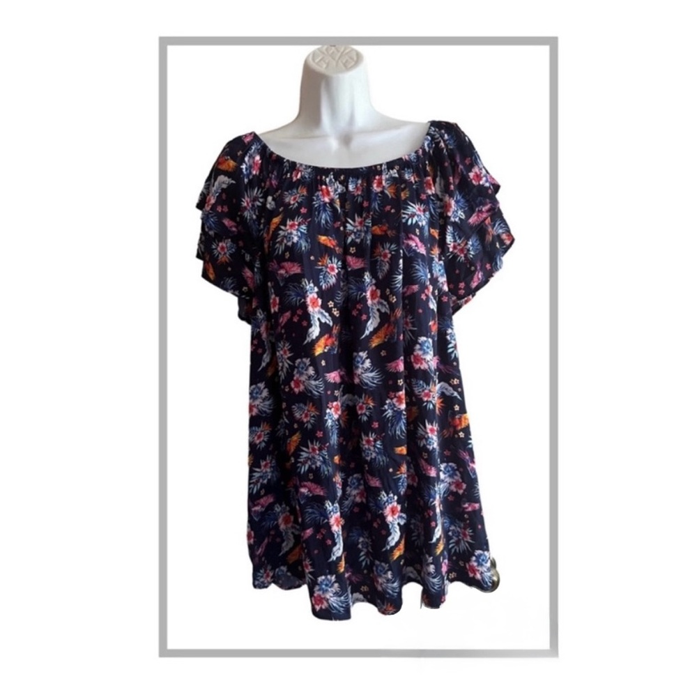 Terra & Sky Parrot Floral Peasant Top 1X Tropical Boho Off Shoulder